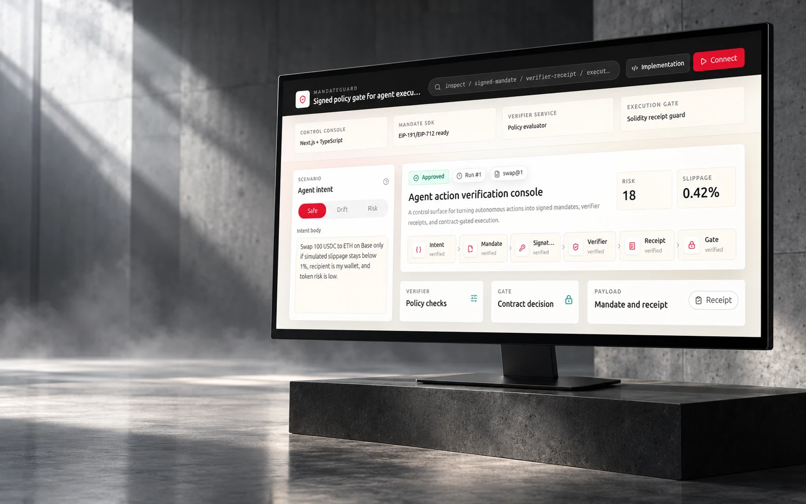 Presentation mockup of the MandateGuard verification console on a desktop monitor